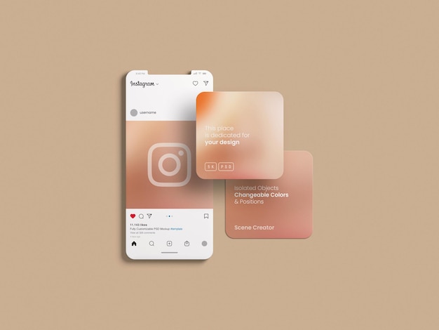 PSD instagram-schnittstelle und post-mockup auf dem clay-handy-bildschirm