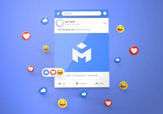 PSD interface 3d social media facebook avec des réactions emoji mockup