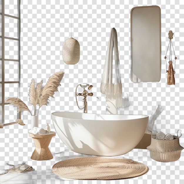 PSD intérieur de la salle de bain boho avec baignoire et accessoires réaliste isolé sur un fond transparent