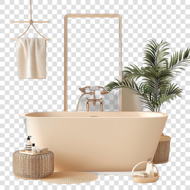 PSD intérieur de la salle de bain boho avec baignoire et accessoires réaliste isolé sur un fond transparent