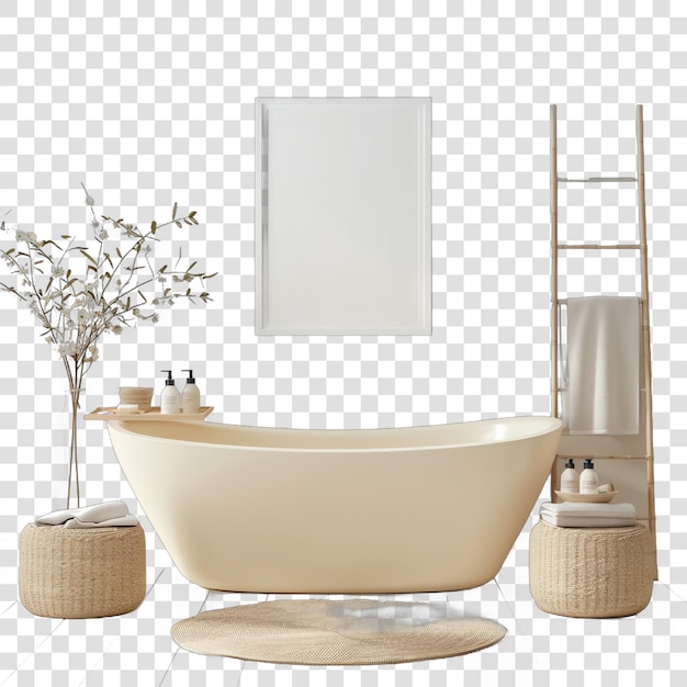 PSD intérieur de la salle de bain florale avec baignoire et accessoires réaliste isolé sur un fond transparent