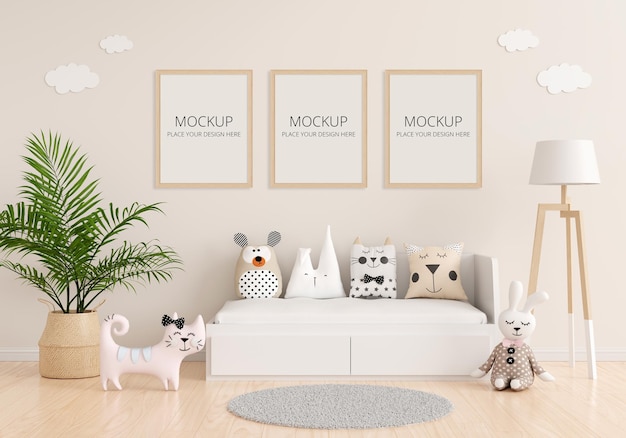 Interno camera da letto bambino con mockup telaio