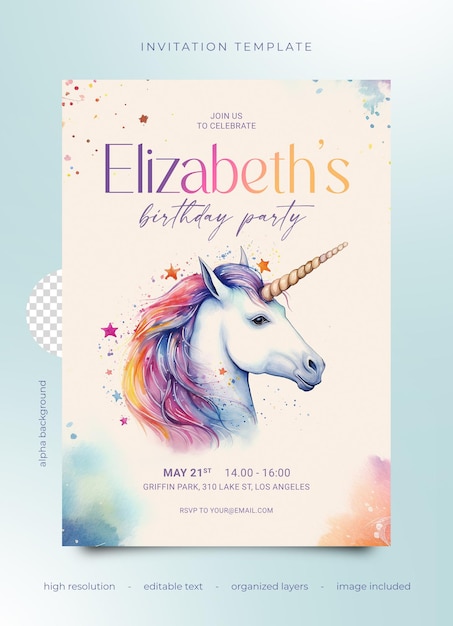 PSD invitation à une fête d'anniversaire psd unicorne à l'aquarelle avec des étoiles pastel et des couleurs de l'arc-en-ciel