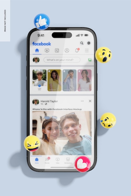 PSD iphone 14 pro avec une maquette de l'interface facebook, vue supérieure