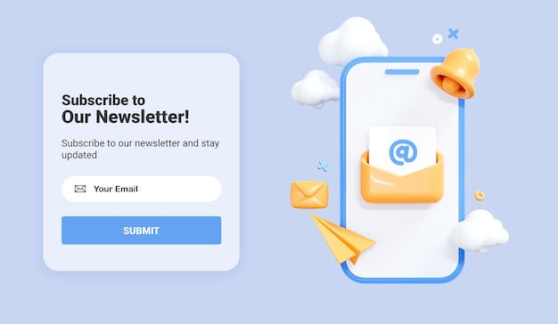 PSD iscriviti al modello di banner della newsletter telefono cellulare con lettera nella busta abbonamento a notizie e promozioni newsletter e-mail online pagina web di marketing e business mockup dell'interfaccia utente rendering 3d