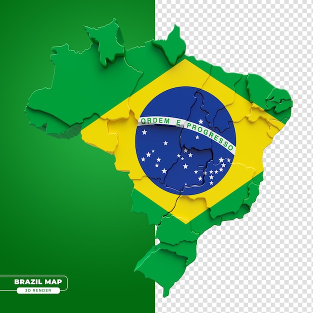 PSD isometrische brasilien-karte mit brasilianischer flagge in 3d-darstellung mit transparentem hintergrund