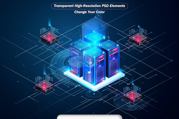 PSD isometrische prozessor-blockkette im rasterhintergrund