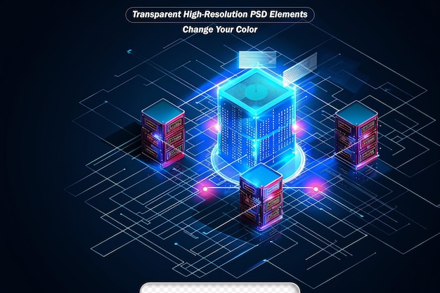 PSD isometrische prozessor-blockkette im rasterhintergrund