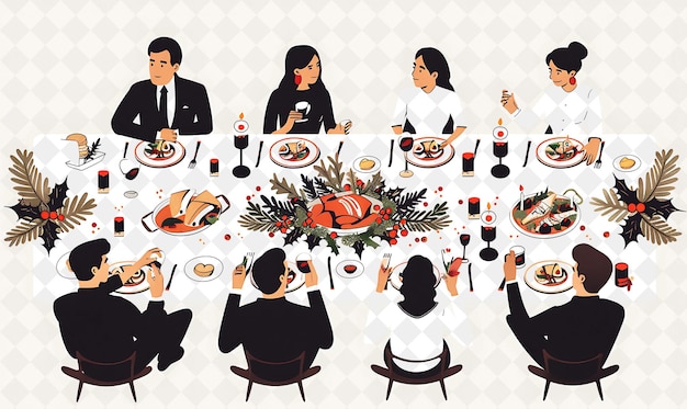 PSD jantar de natal elegante com convidados desfrutando de uma festa desenho ilustração desenho artístico de natal