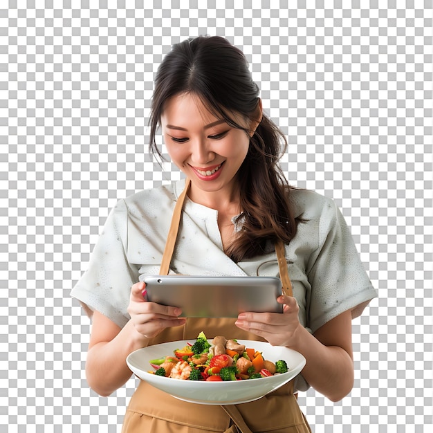 PSD une jeune et attrayante femme asiatique qui cuisine en regardant une tablette.