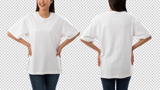 Jeune femme en blanc surdimensionné T-shirt maquette découpe fichier Psd