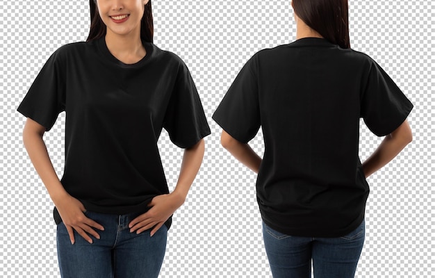 Jeune femme en T-shirt surdimensionné noir maquette découpe fichier Psd