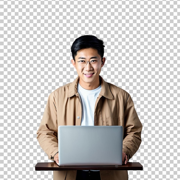 PSD un jeune homme asiatique beau, un visage heureux, un sourire, une tablette.