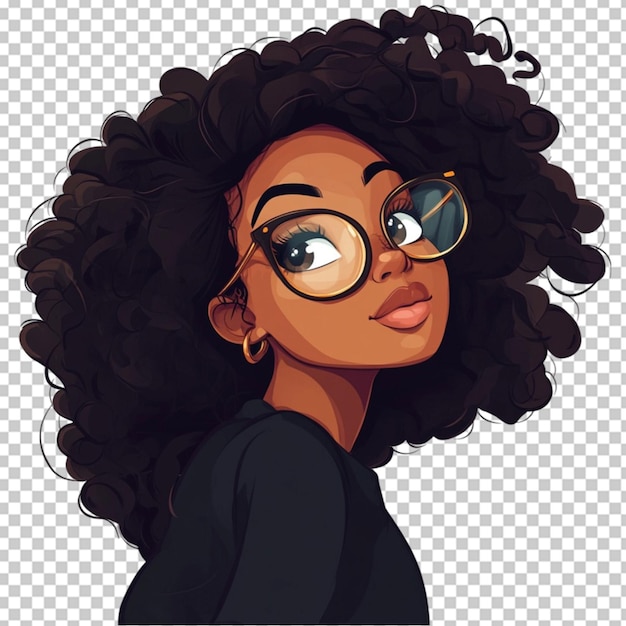 PSD un joli dessin animé avec une jolie femme noire sur un fond transparent