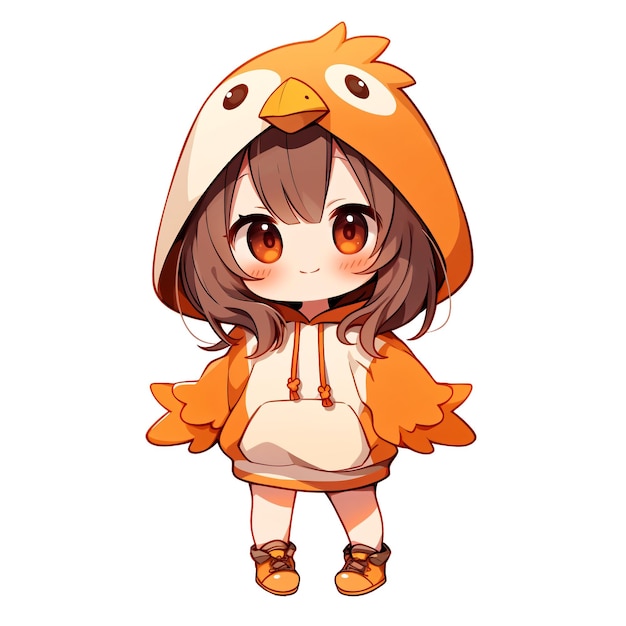 PSD jolie fille chibi portant un sweat à capuche oiseau