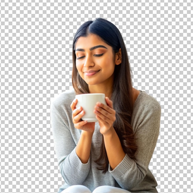 jovem mulher segurando café bebendo e lendo em fundo transparente