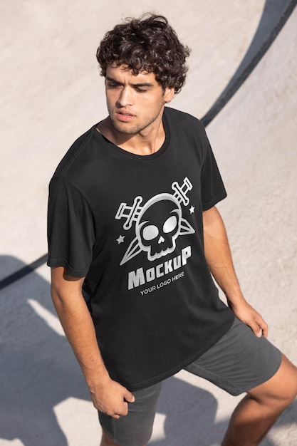 Junger männlicher Skateboarder mit Mock-up-T-Shirt