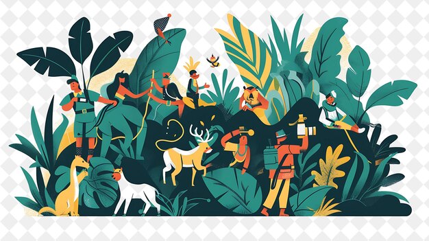 PSD jungle de noël aventureuse avec des explorateurs et des animaux illustration desi design artistique de noël