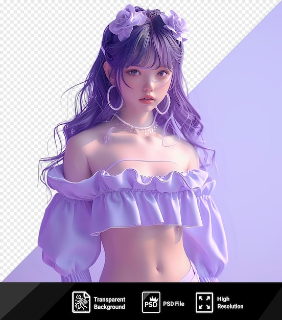 PSD kiritanpo isolée avec de longs cheveux violets et un collier blanc pose pour une photo dans une robe blanche montrant ses yeux bleus et bruns frappants et ses petites oreilles png psd