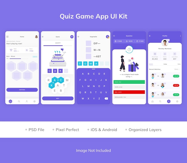 PSD kit d'interface utilisateur d'application de jeu de quiz