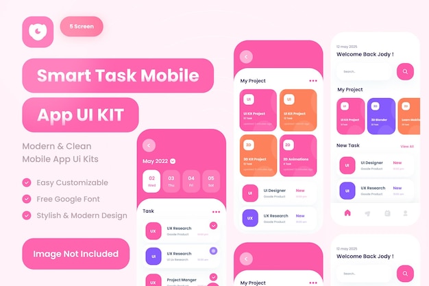 PSD kit d'interface utilisateur d'application mobile de gestion des tâches moderne