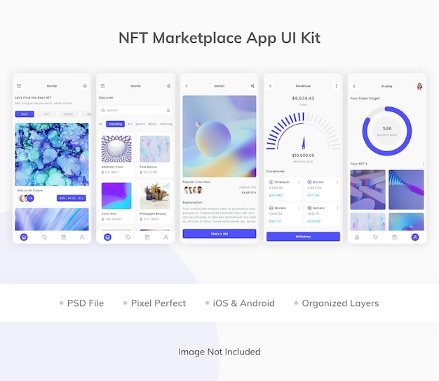 PSD kit d'interface utilisateur de l'application nft art marketplace