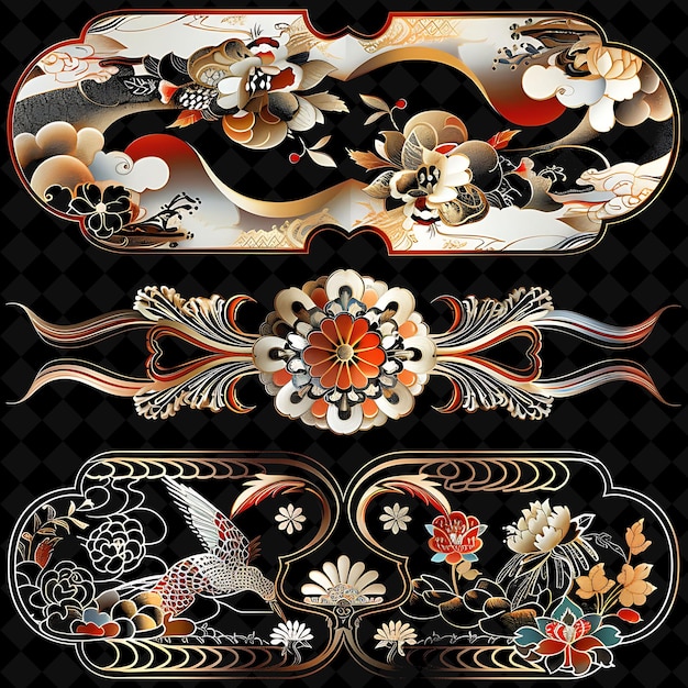 PSD laque peinte à la main avec des motifs japonais borderlines design png collage collections d'art