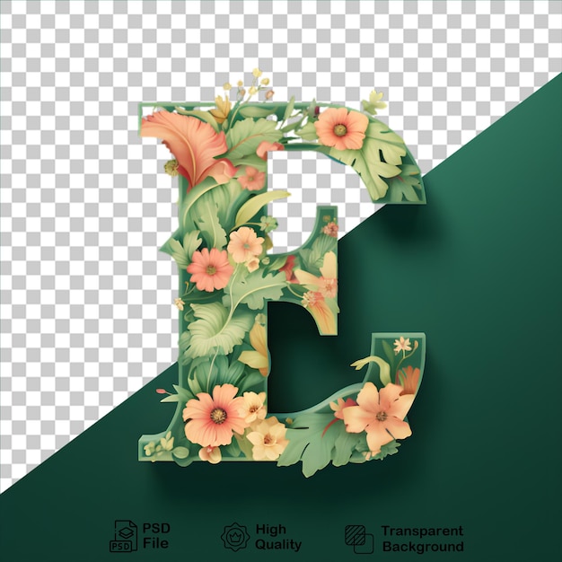 PSD lettera e con fiore verde isolato su sfondo trasparente includere file png