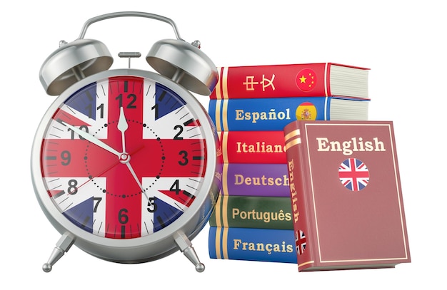 PSD lezioni di inglese concetto di corso libri con sveglia tempo per imparare la lingua inglese rendering 3d isolato su sfondo trasparente