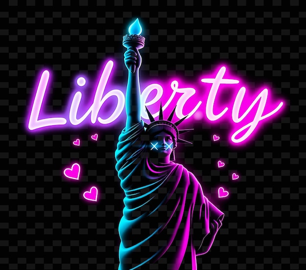 PSD libertà luminosa e testo d'amore irradiato neon teal e brillante magenta statua della libertà e