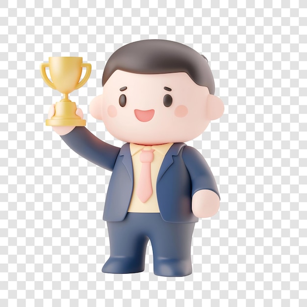 PSD lindo empresário 3d segurando troféu sorrindo