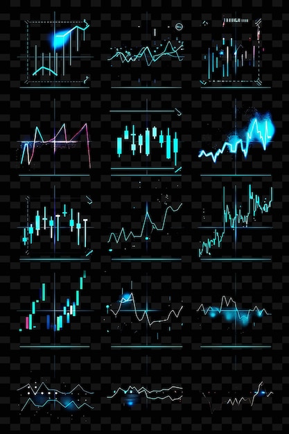 PSD linhas de gráficos de velas ícones com brilho animado em onl set png iconic y2k shape art decorativei