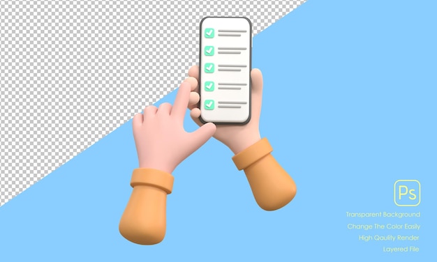 PSD lista de verificação 3d na tela do smartphone conceito de pesquisa on-line a mão segura o telefone celular e a lista de verificação
