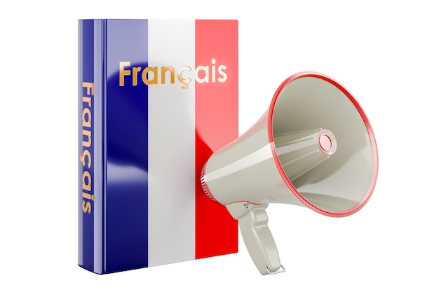 PSD livre de langue française avec mégaphone cours de langue française rendu 3d isolé sur fond transparent