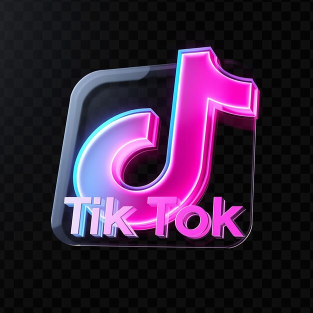 PSD logo tiktok avec rendu 3d en verre gravé matériau dynamique éclaté néon rose et bleu schéma de couleurs i