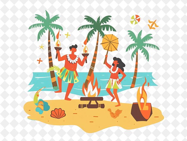 PSD luau au bord de la plage avec des personnages exécutant une danse hula desi people lifestyle flat illustration