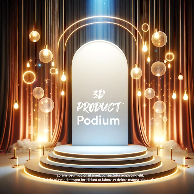 Luce dorata Display di prodotto Podium cortina di palcoscenico 3d realistica con luci