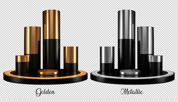 Luxury Dual Podium Set 3D 5 Steps Gold Metalic Cylindrical Stages Round Pedestal Stand PNG Isola