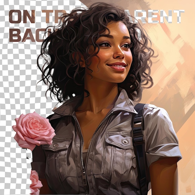 PSD un machiniste afro-américain aux cheveux bouclés, tête inclinée, souriant sur une rose pastel.