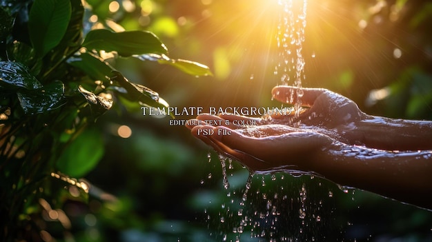 PSD des mains couvertes pour attraper l'eau qui tombe au soleil