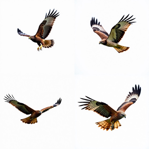 PSD majestic ferruginous hawks fliegen in harmonie auf transparentem hintergrund vier vögel mit lebendigen