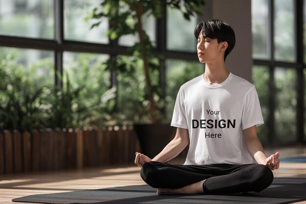 PSD mann, der yoga-t-shirt trägt und mockup trägt