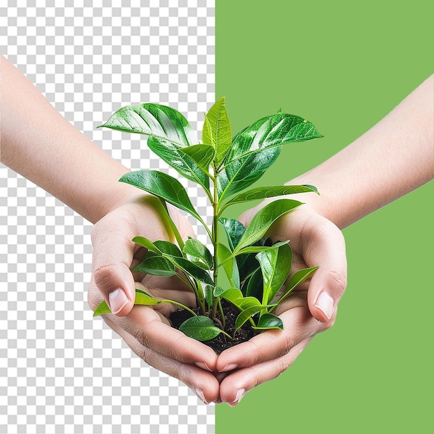 PSD mãos segurando planta verde jovem png isolado em fundo transparente