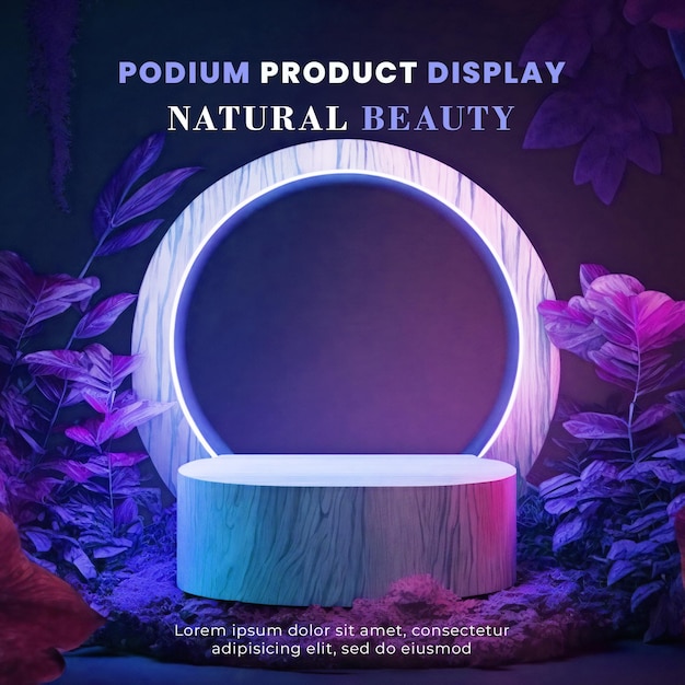 Maquete de exibição de palco de pódio de madeira para apresentação de produtos decorada com neon de floresta tropical