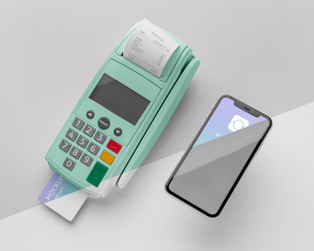 Maquette e-paiement avec smartphone et terminal de paiement