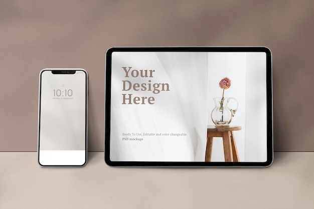 Maquette d'écran d'appareil numérique psd avec tablette, ordinateur portable et téléphone