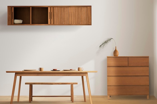 PSD maquette d'intérieur de salle à manger japandi avec des meubles en bois