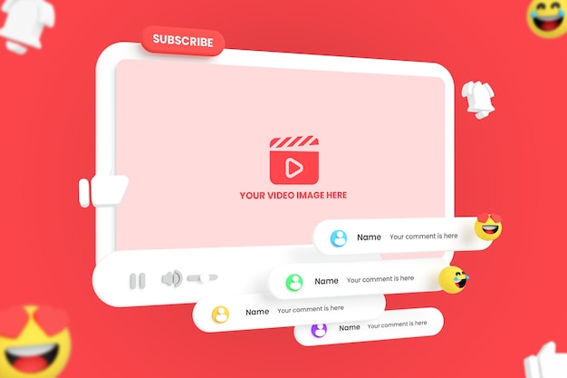 PSD maquette de lecteur vidéo youtube de médias sociaux avec emojis
