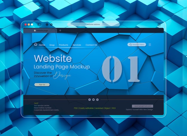 PSD maquette de page de destination en verre dépoli crystal 3d pour le modèle de présentation de vitrine de site web d'entreprise