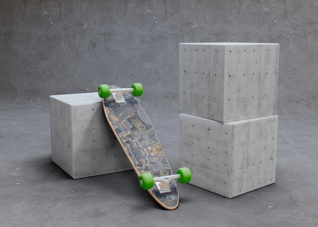 Maquette de skateboard à l'envers portant sur un cube